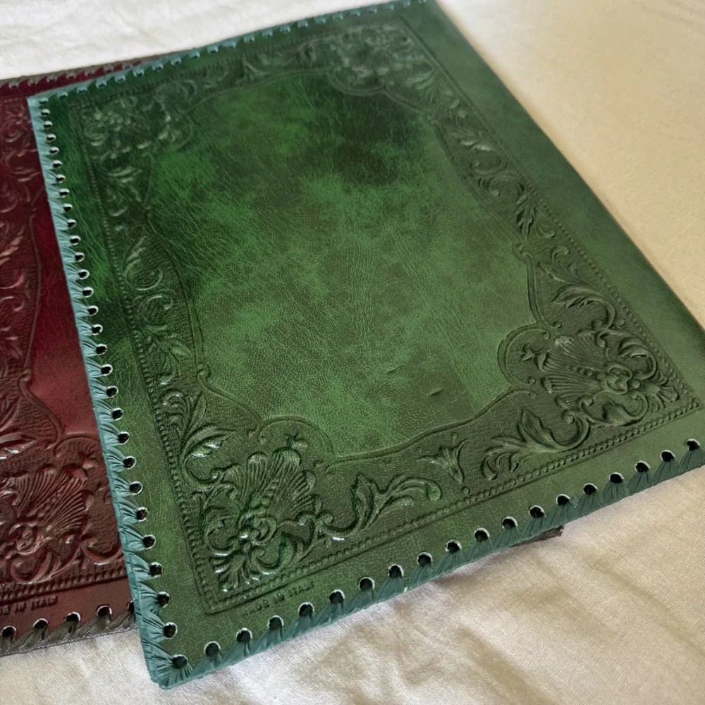 Vintage Italian Leather Portfolios Green Brown Florentine Embossed Mid-century